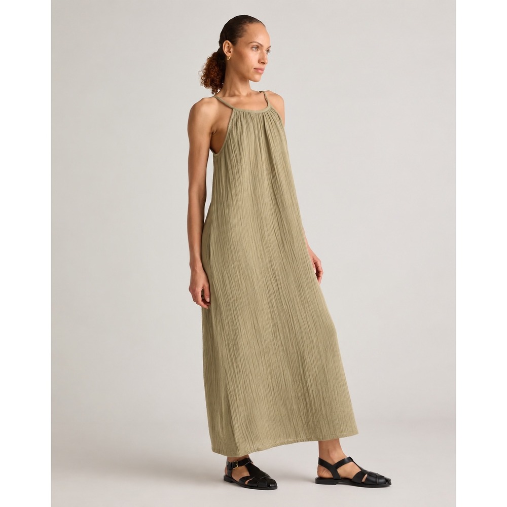 Quince Maxi Dress Organic Cotton Gauze Sleeveless Artichoke Green Medium